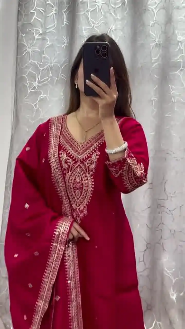 BE 318 Red Chinon With Embroidery Coding Dori Work Salwar Suit Casual, Wedding, Party, Festive, Events Etc.4-6 Working Days@ 1799/-only | Jump Suits, Casual Suits, Creative suits, Designer Suits, Palazzo Suits, Party Wear Suits, Patiala Suits, Salwar suit, Straight Suits