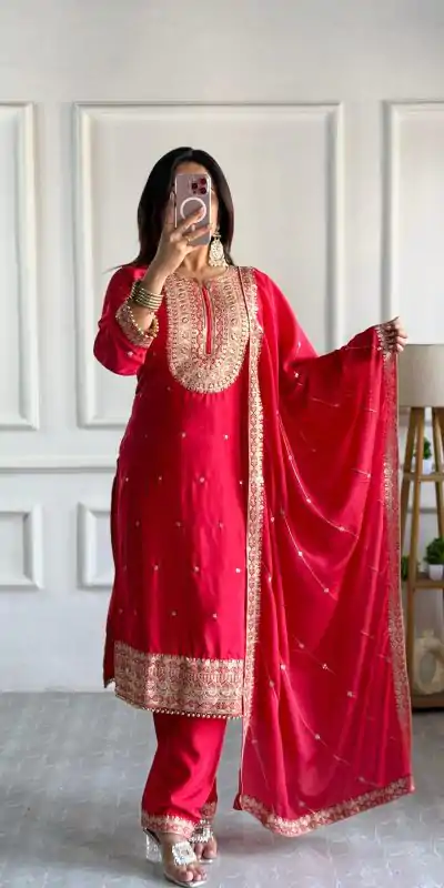VLM 254 Red Color Cosmo Silk With Heavy Embroidery Sequence Work Salwar Suit Casual, Wedding, Party, Festive, Events Etc.4-6 Working Days@ 2099/-only | Jump Suits, Casual Suits, Creative suits, Designer Suits, Palazzo Suits, Party Wear Suits, Patiala Suits, Salwar suit, Straight Suits