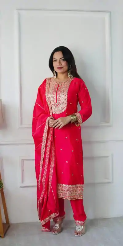 VLM 254 Red Color Cosmo Silk With Heavy Embroidery Sequence Work Salwar Suit Casual, Wedding, Party, Festive, Events Etc.4-6 Working Days@ 2099/-only | Jump Suits, Casual Suits, Creative suits, Designer Suits, Palazzo Suits, Party Wear Suits, Patiala Suits, Salwar suit, Straight Suits