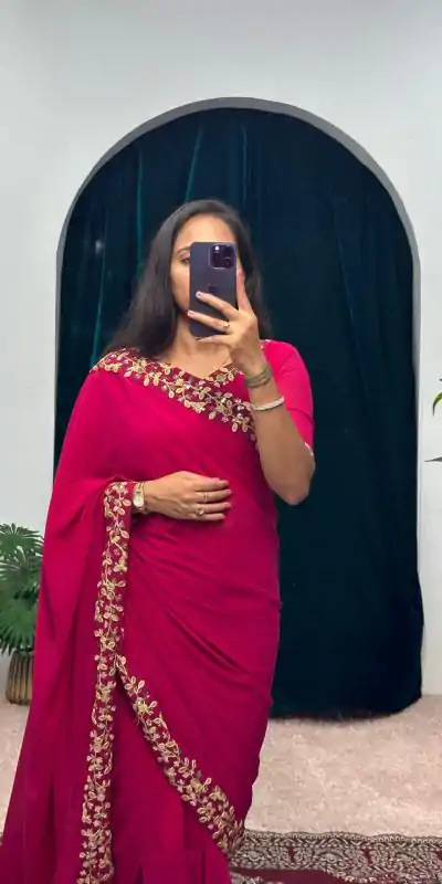  ST 1055 Pink Color Faux Georgette Embroidery Work Border Stitched Saree-Gown Wedding Party, Festive, Events Etc.4-6 Working Days@1799/- only | Bollywood Gowns, Creative Gowns, Designer Gowns, Embroidered Gowns, Gowns, Party Wear Gowns, Straight Suits