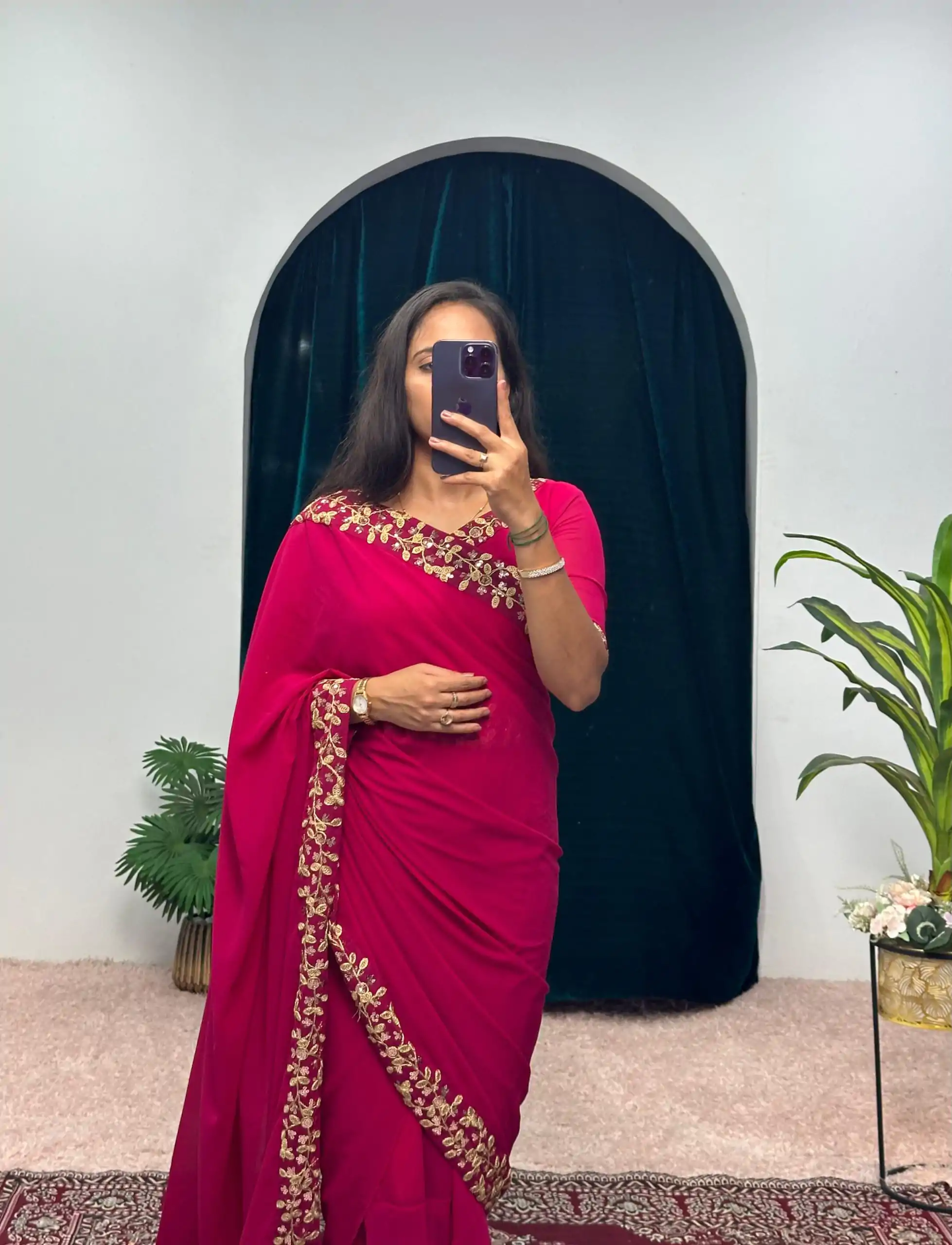  ST 1055 Pink Color Faux Georgette Embroidery Work Border Stitched Saree-Gown Wedding Party, Festive, Events Etc.4-6 Working Days@1799/- only | Bollywood Gowns, Creative Gowns, Designer Gowns, Embroidered Gowns, Gowns, Party Wear Gowns, Straight Suits