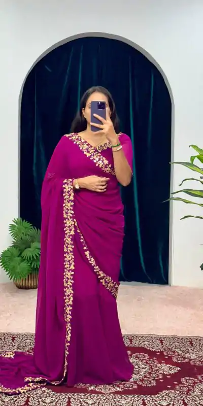  ST 1055 Purple Color Faux Georgette Embroidery Work Border Stitched Saree-Gown Wedding Party, Festive, Events Etc.4-6 Working Days@1799/- only | Bollywood Gowns, Creative Gowns, Designer Gowns, Embroidered Gowns, Gowns, Party Wear Gowns, Straight Suits
