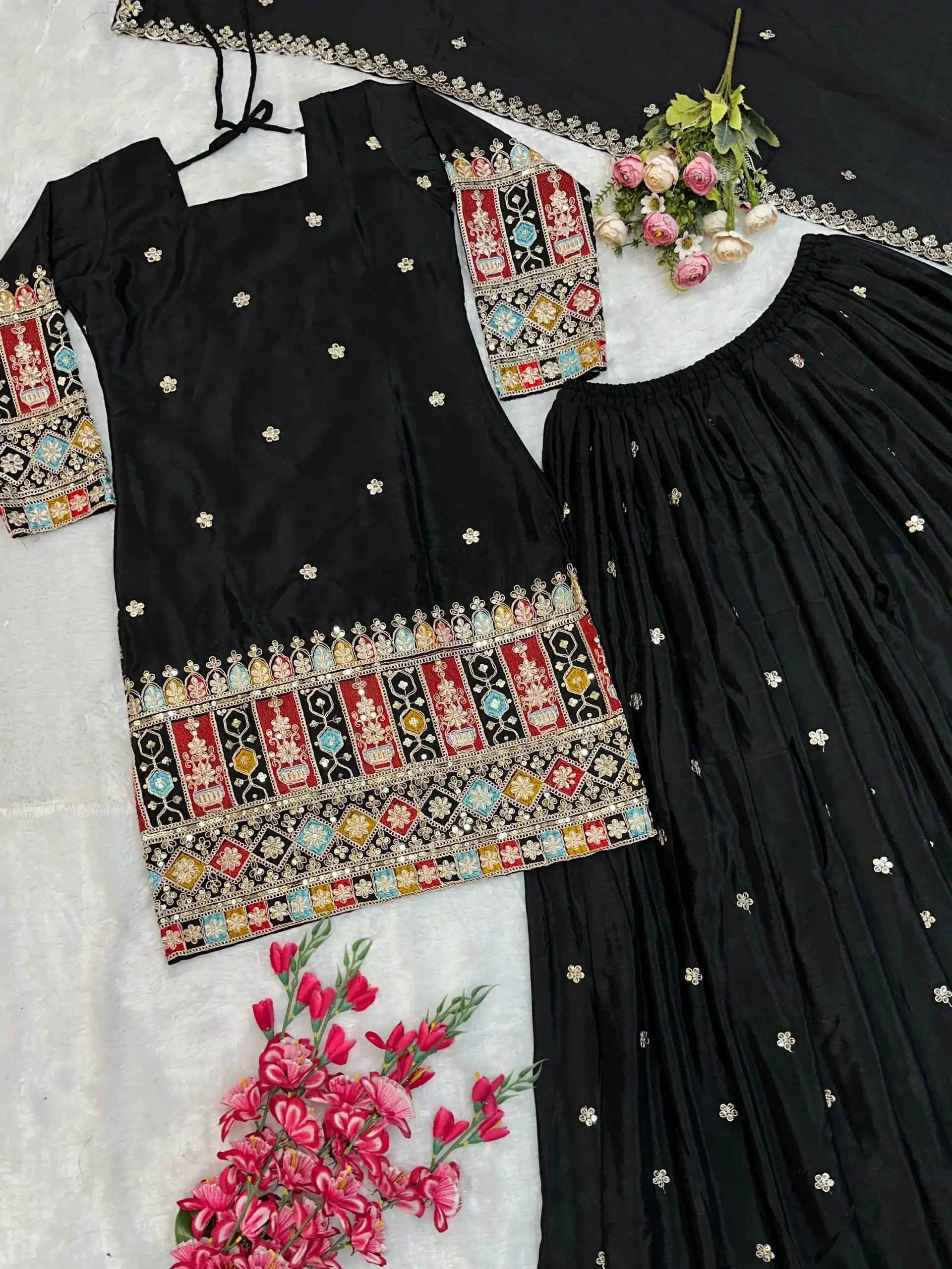 VLM 242 Black Chinnon Silk Embroidery Work Salwar Suit Casual, Wedding, Party, Festive, Events Etc.4-6 Working Days@ 2099/-only | Jump Suits, Casual Suits, Creative suits, Designer Suits, Palazzo Suits, Party Wear Suits, Patiala Suits, Salwar suit, Straight Suits
