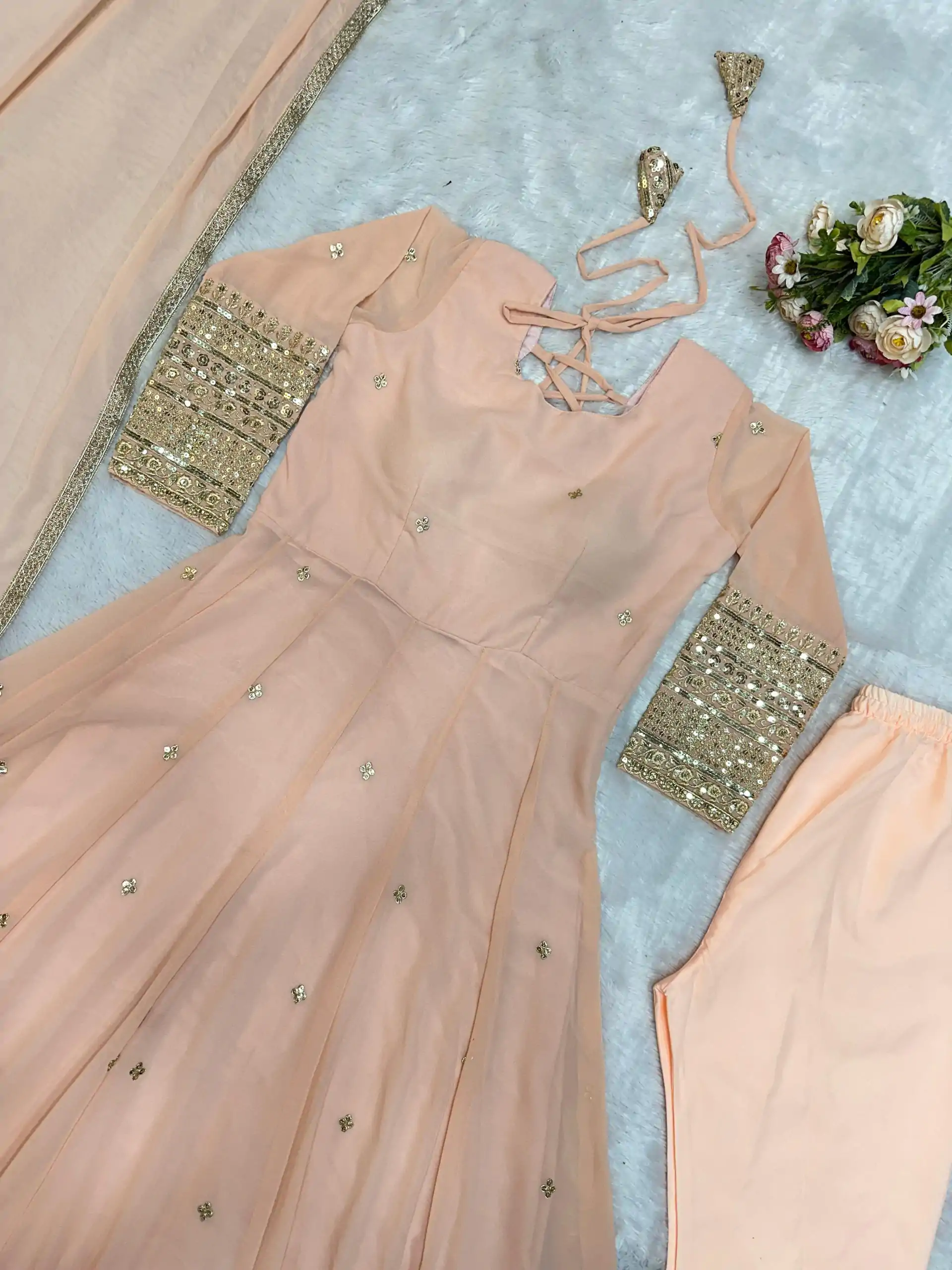 VLM 258 Cream Color Fox Georgette With Embroidery Work Anarkali Gown Wedding Party, Festive, Events Etc.4-6 Working Days@2149/- only | Bollywood Gowns, Creative Gowns, Designer Gowns, Embroidered Gowns, Gowns, Party Wear Gowns, Straight Suits