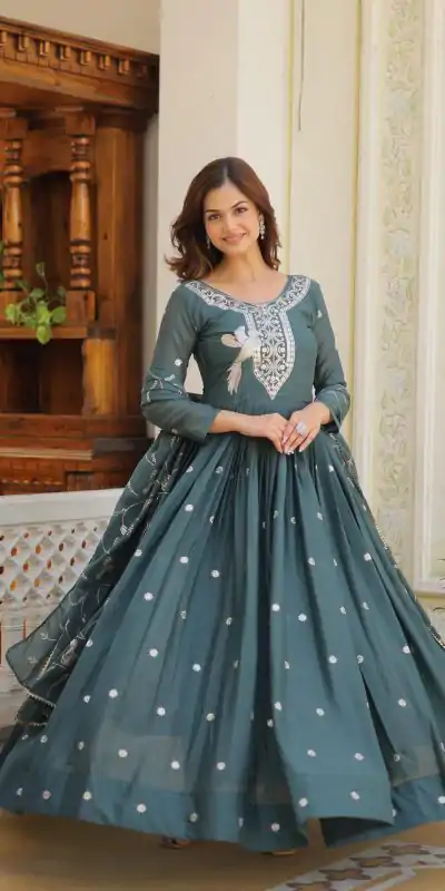 Ram 081 Grey Star Georgette Sequence Embroidery Work Anarkali Gown  Wedding Party, Festive, Events Etc.4-6 Working Days@2149/- only | Bollywood Gowns, Creative Gowns, Designer Gowns, Embroidered Gowns, Gowns, Party Wear Gowns, Straight Suits