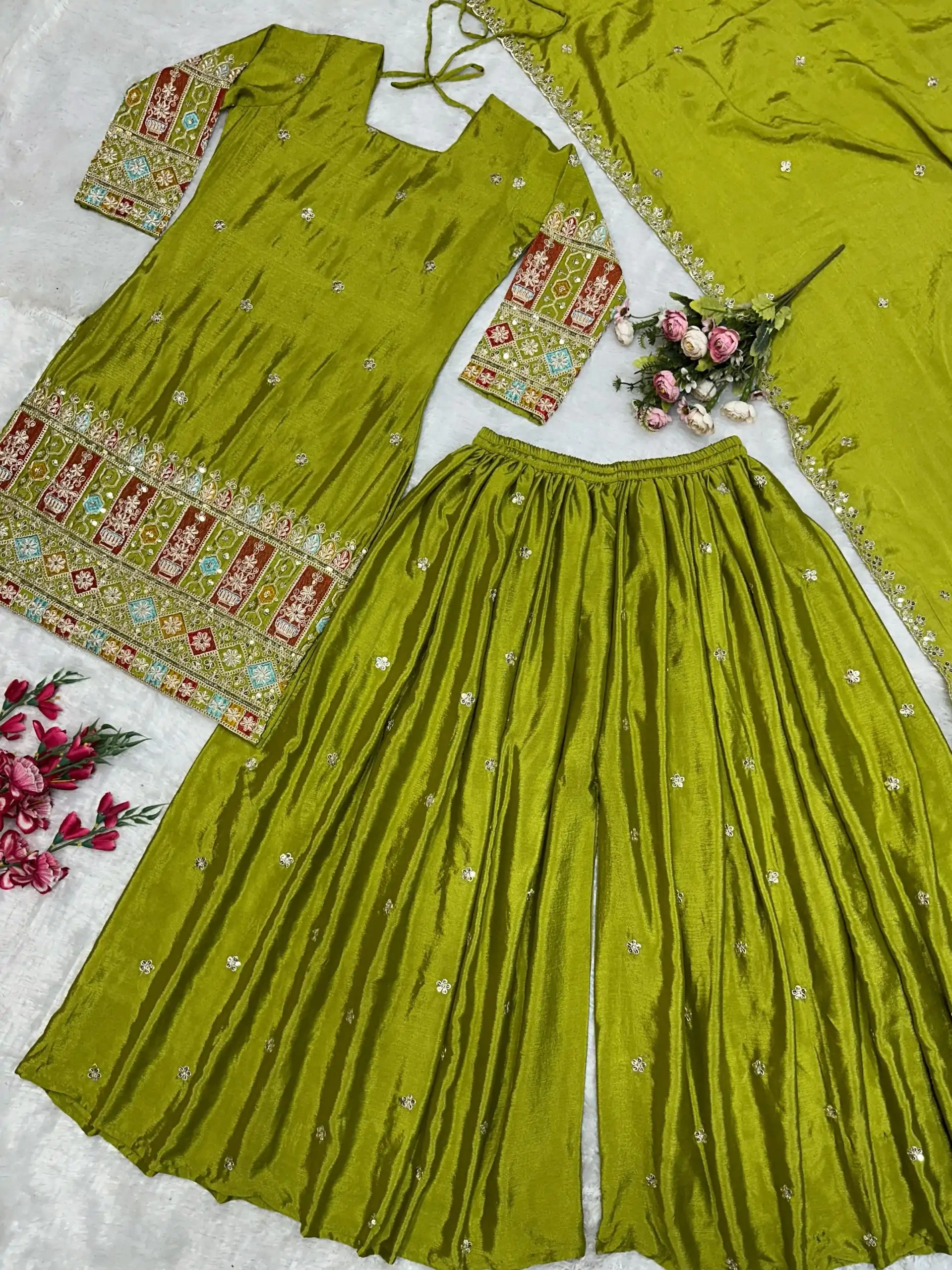 VLM 242 Light Green Chinnon Silk Embroidery Work Salwar Suit Casual, Wedding, Party, Festive, Events Etc.4-6 Working Days@ 2099/-only | Jump Suits, Casual Suits, Creative suits, Designer Suits, Palazzo Suits, Party Wear Suits, Patiala Suits, Salwar suit, Straight Suits