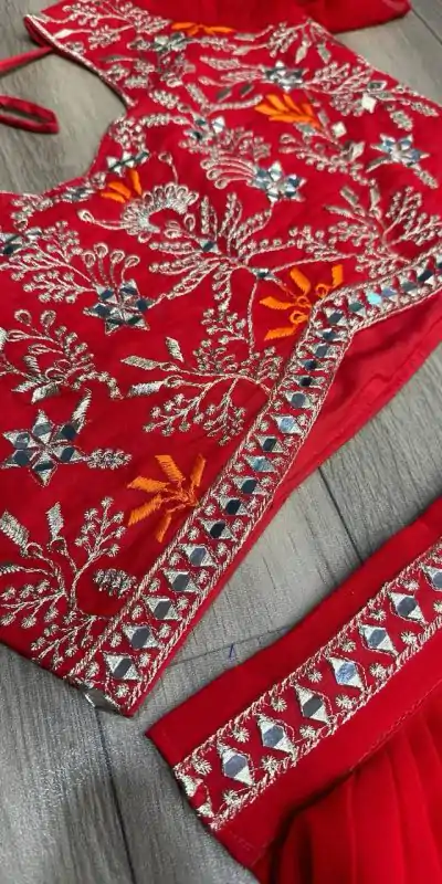 PC 333 Red Color Fox Georgette Embroidery Thread Work With Hand Pasting Mirror Lehenga Choli Wedding, Party, Festive, Events Delivery 4-6 Working Days @2129 | Bollywood Lehenga, Creative Lehenga, Designer Lehenga, Embroidered Lehenga, Lehenga, Party Wear Lehenga