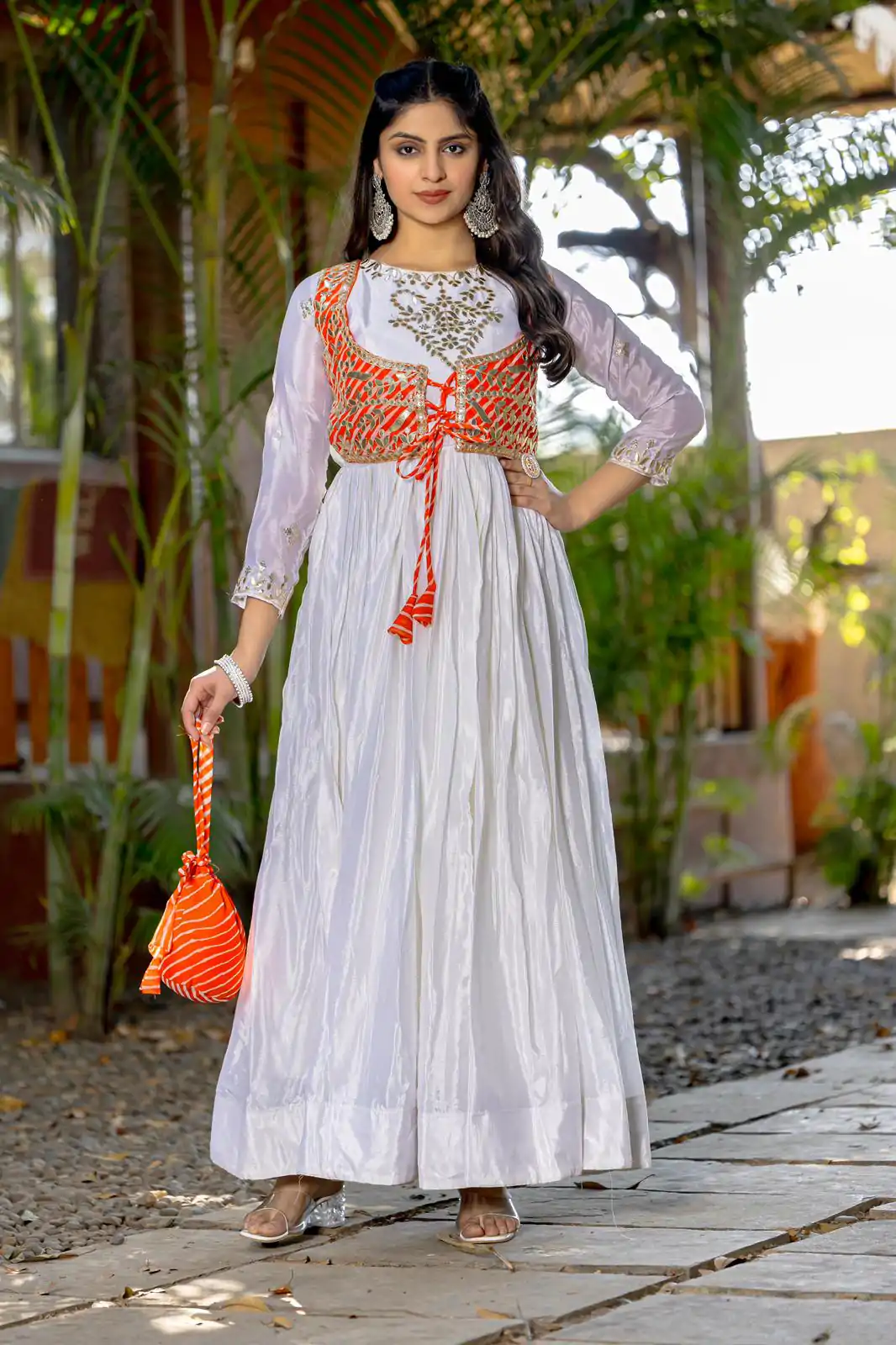 Ram 084 White Color Chinon Laheriya Print Gotta Patti Cording Work Anarkali Gown Wedding Party, Festive, Events Etc.4-6 Working Days@1949/- only | Bollywood Gowns, Creative Gowns, Designer Gowns, Embroidered Gowns, Gowns, Party Wear Gowns, Straight Suits