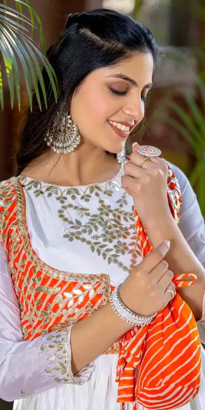 Ram 084 White Color Chinon Laheriya Print Gotta Patti Cording Work Anarkali Gown Wedding Party, Festive, Events Etc.4-6 Working Days@1949/- only | Bollywood Gowns, Creative Gowns, Designer Gowns, Embroidered Gowns, Gowns, Party Wear Gowns, Straight Suits