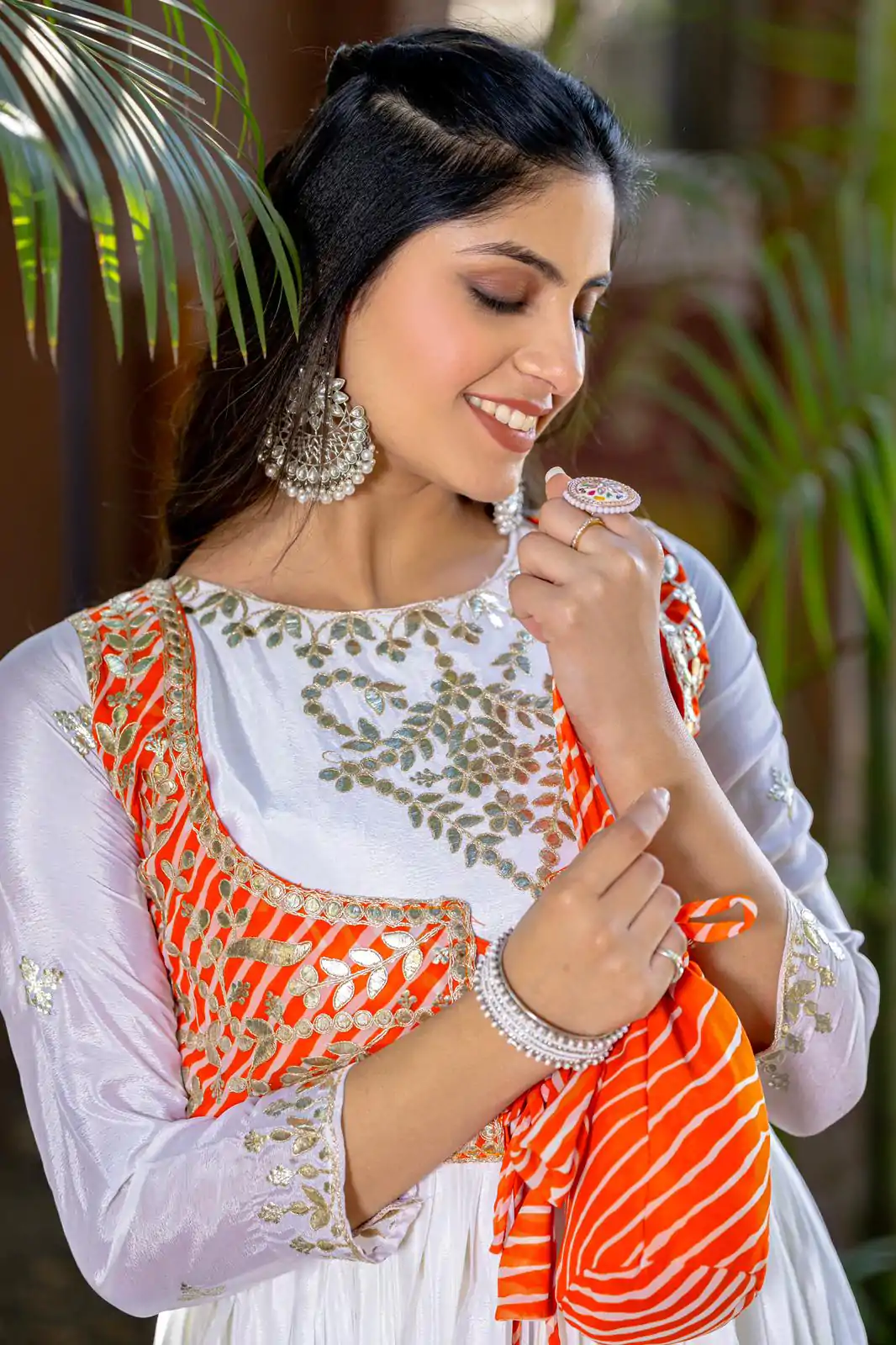 Ram 084 White Color Chinon Laheriya Print Gotta Patti Cording Work Anarkali Gown Wedding Party, Festive, Events Etc.4-6 Working Days@1949/- only | Bollywood Gowns, Creative Gowns, Designer Gowns, Embroidered Gowns, Gowns, Party Wear Gowns, Straight Suits