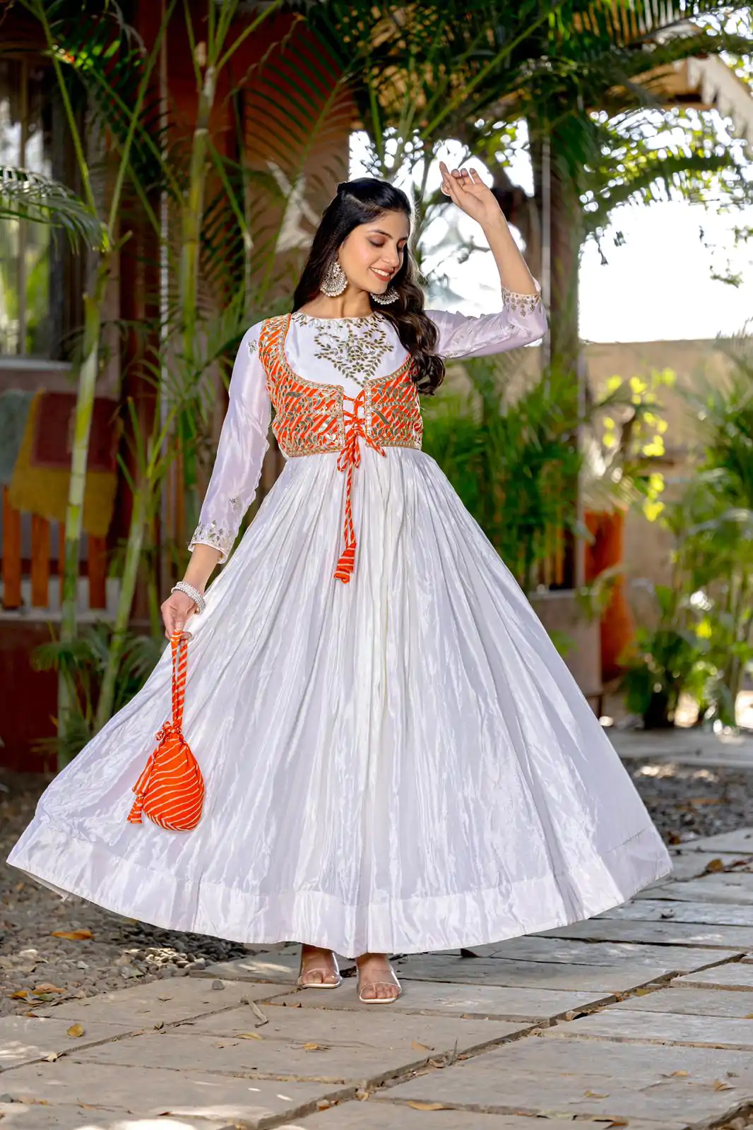 Ram 084 White Color Chinon Laheriya Print Gotta Patti Cording Work Anarkali Gown Wedding Party, Festive, Events Etc.4-6 Working Days@1949/- only | Bollywood Gowns, Creative Gowns, Designer Gowns, Embroidered Gowns, Gowns, Party Wear Gowns, Straight Suits