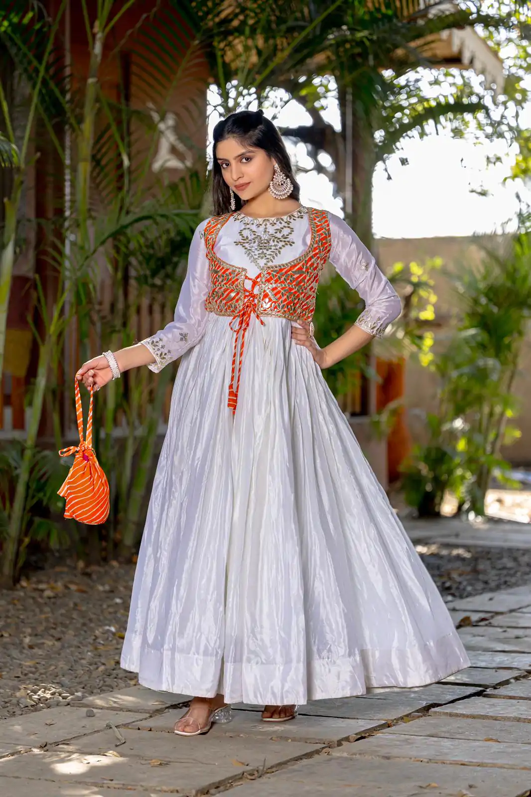 Ram 084 White Color Chinon Laheriya Print Gotta Patti Cording Work Anarkali Gown Wedding Party, Festive, Events Etc.4-6 Working Days@1949/- only | Bollywood Gowns, Creative Gowns, Designer Gowns, Embroidered Gowns, Gowns, Party Wear Gowns, Straight Suits