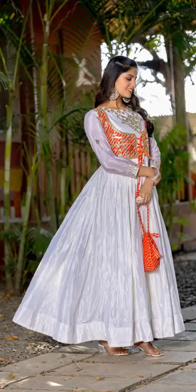 Ram 084 White Color Chinon Laheriya Print Gotta Patti Cording Work Anarkali Gown Wedding Party, Festive, Events Etc.4-6 Working Days@1949/- only | Bollywood Gowns, Creative Gowns, Designer Gowns, Embroidered Gowns, Gowns, Party Wear Gowns, Straight Suits