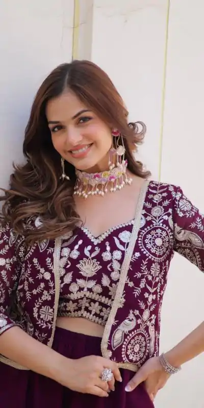 Ram 069 Wine Color Fox Georgette Embroidery Lace Work Anarkali Gown Wedding Party, Festive, Events Etc.4-6 Working Days@2049/- only | Bollywood Gowns, Creative Gowns, Designer Gowns, Embroidered Gowns, Gowns, Party Wear Gowns, Straight Suits