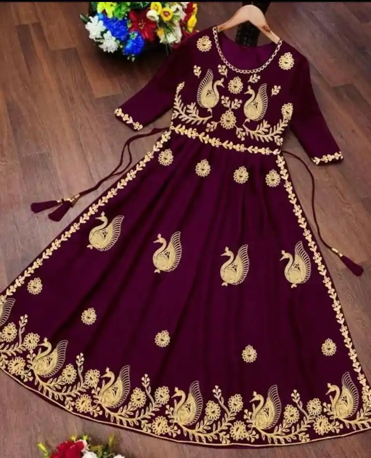 MF Wine Color Georgette With embroidery Work Style Anarkali Gown Wedding Party, Festive, Events Etc.4-6 Working Days@1349/- only | Bollywood Gowns, Creative Gowns, Designer Gowns, Embroidered Gowns, Gowns, Party Wear Gowns, Straight Suits