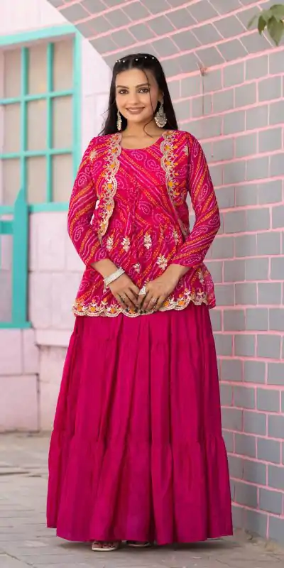 Ram 091 Pink Color Bandhej Embroidery Thared Work Lehenga Crop Top & Jacket Wedding, Party, Festive, Events Etc. Delivery 4-6 Working Days Rs 2149 | Bollywood Lehenga, Creative Lehenga, Designer Lehenga, Embroidered Lehenga, Lehenga, Party Wear Lehenga