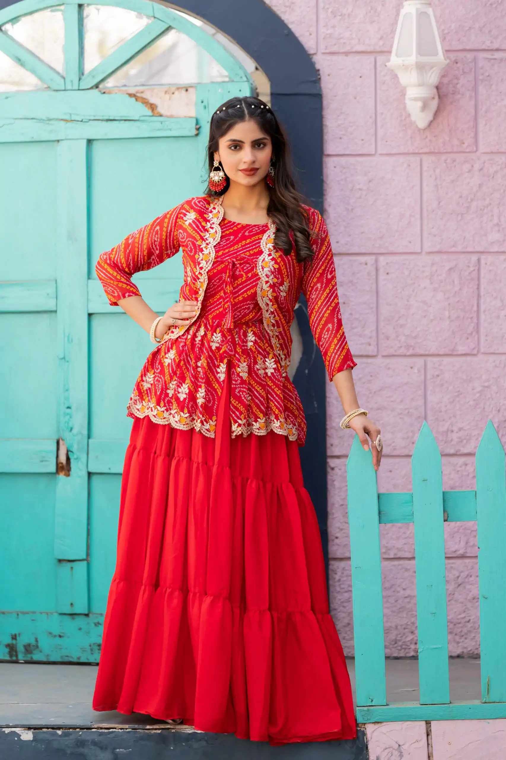 Ram 091 Red Color Bandhej Embroidery Thared Work Lehenga Crop Top & Jacket Wedding, Party, Festive, Events Etc. Delivery 4-6 Working Days Rs 2149 | Bollywood Lehenga, Creative Lehenga, Designer Lehenga, Embroidered Lehenga, Lehenga, Party Wear Lehenga