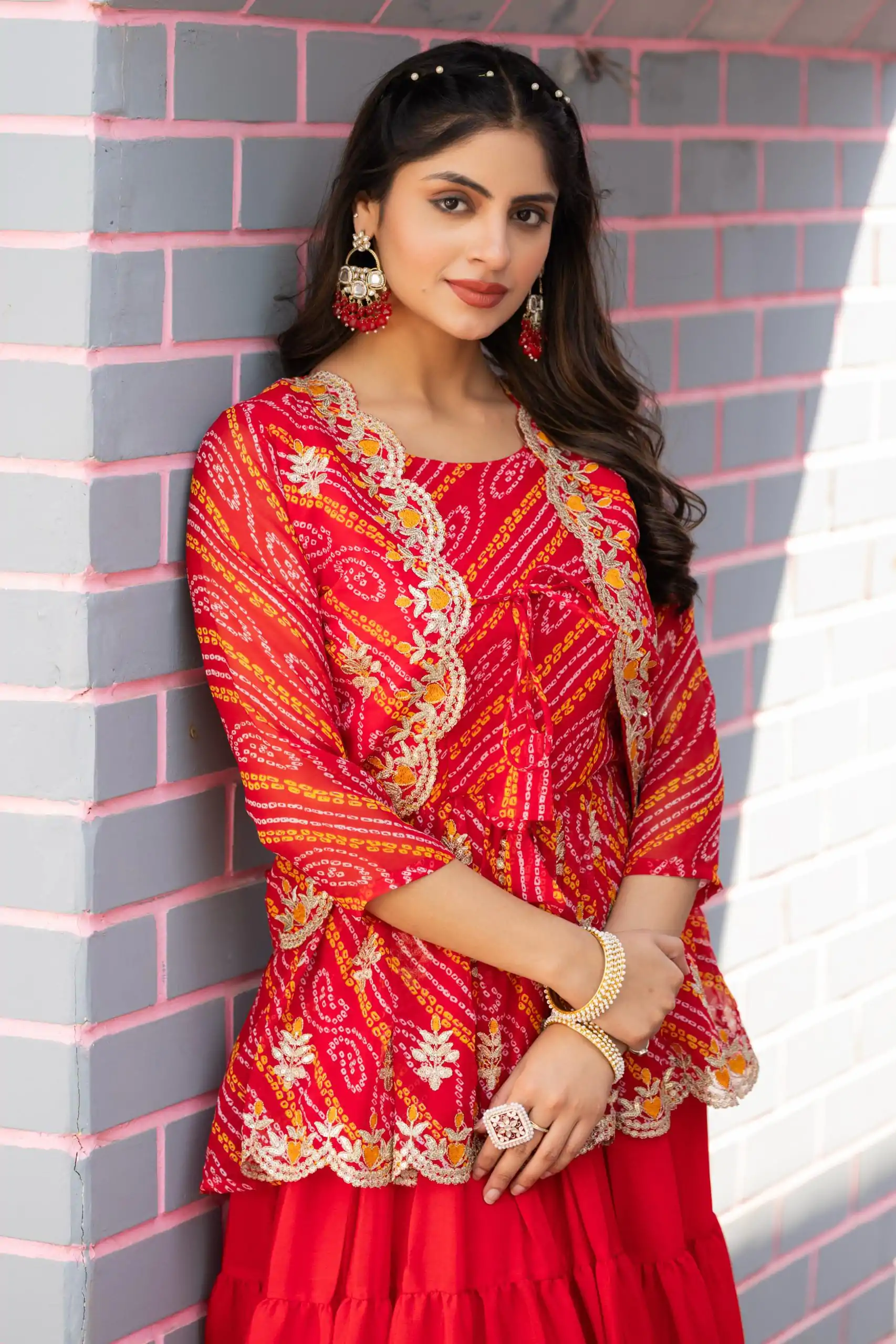 Ram 091 Red Color Bandhej Embroidery Thared Work Lehenga Crop Top & Jacket Wedding, Party, Festive, Events Etc. Delivery 4-6 Working Days Rs 2149 | Bollywood Lehenga, Creative Lehenga, Designer Lehenga, Embroidered Lehenga, Lehenga, Party Wear Lehenga