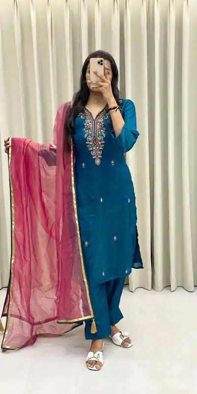  BE 301 Peacock Blue Color Fendi Silk Hand Work Salwar Suit Casual, Wedding, Party, Festive, Events Etc.4-6 Working Days@ 1799/-only | Jump Suits, Casual Suits, Creative suits, Designer Suits, Palazzo Suits, Party Wear Suits, Patiala Suits, Salwar suit, Straight Suits