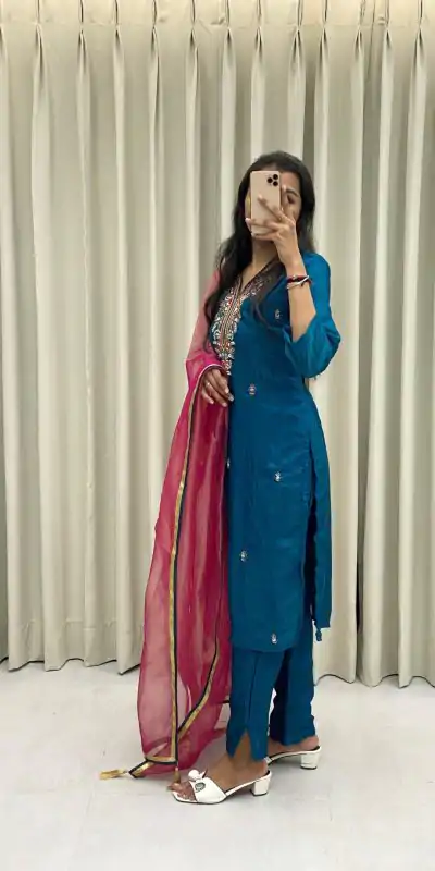  BE 301 Peacock Blue Color Fendi Silk Hand Work Salwar Suit Casual, Wedding, Party, Festive, Events Etc.4-6 Working Days@ 1799/-only | Jump Suits, Casual Suits, Creative suits, Designer Suits, Palazzo Suits, Party Wear Suits, Patiala Suits, Salwar suit, Straight Suits