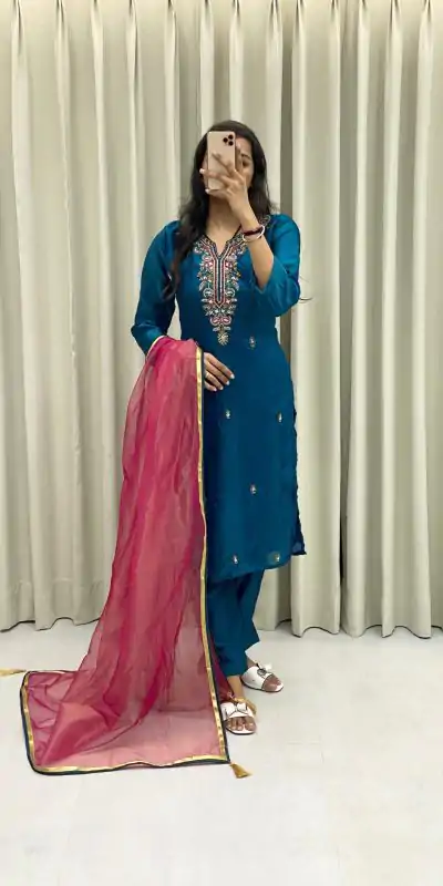  BE 301 Peacock Blue Color Fendi Silk Hand Work Salwar Suit Casual, Wedding, Party, Festive, Events Etc.4-6 Working Days@ 1799/-only | Jump Suits, Casual Suits, Creative suits, Designer Suits, Palazzo Suits, Party Wear Suits, Patiala Suits, Salwar suit, Straight Suits