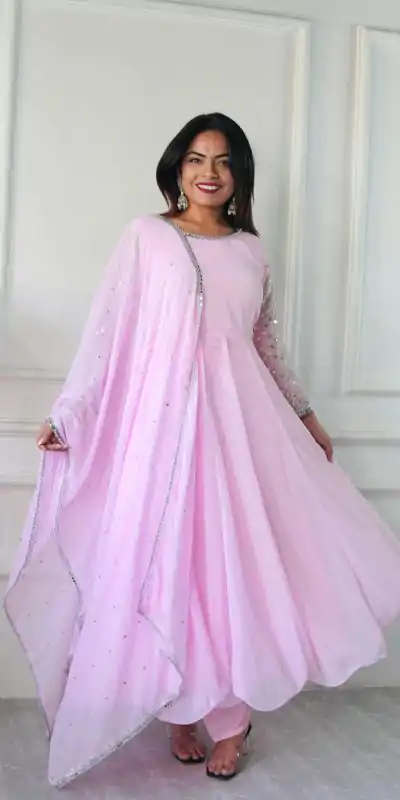VLM 256 Baby Pink Color Foix Georgette With Embroidery Work Anarkali Gown Casual, Wedding, Party, Festive, Events Etc.4-6 Working Days@ 1899/-only | Bollywood Gowns, Creative Gowns, Designer Gowns, Embroidered Gowns, Gowns, Party Wear Gowns