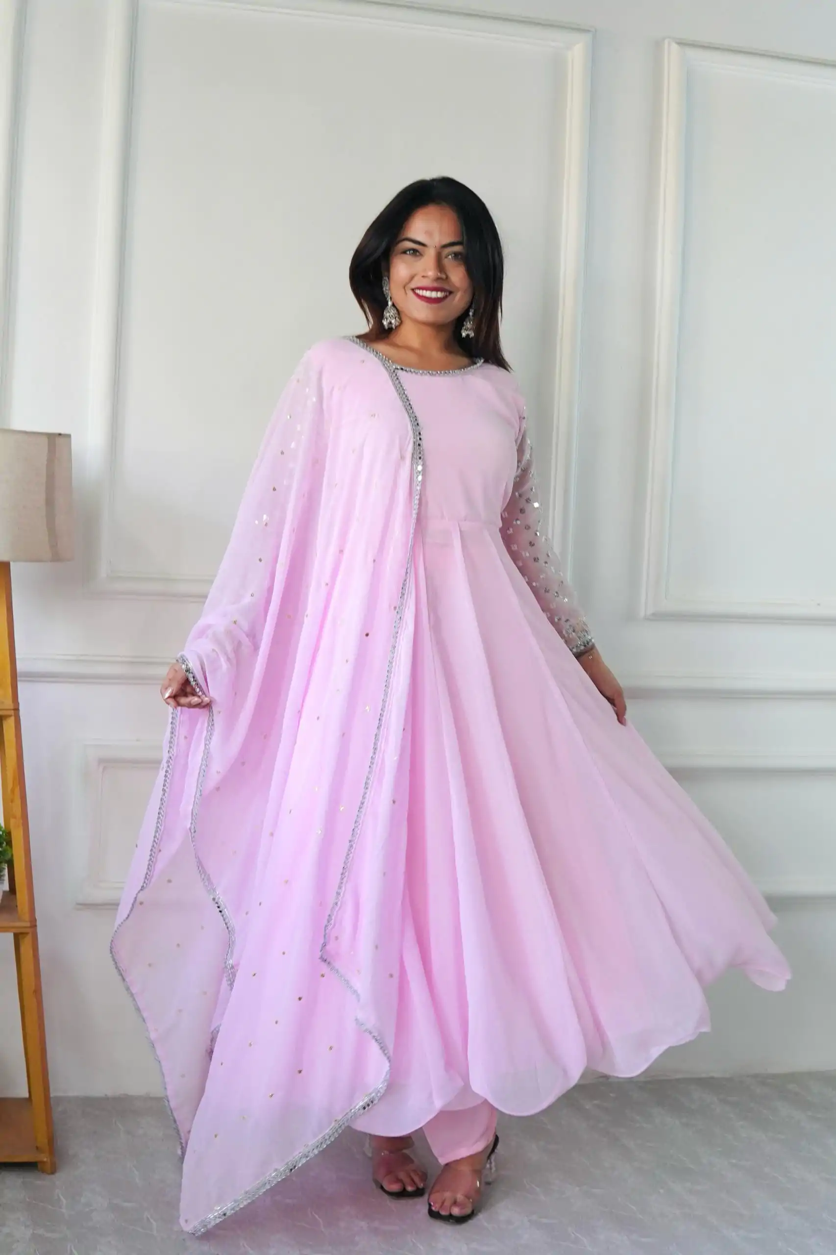 VLM 256 Baby Pink Color Foix Georgette With Embroidery Work Anarkali Gown Casual, Wedding, Party, Festive, Events Etc.4-6 Working Days@ 1899/-only | Bollywood Gowns, Creative Gowns, Designer Gowns, Embroidered Gowns, Gowns, Party Wear Gowns