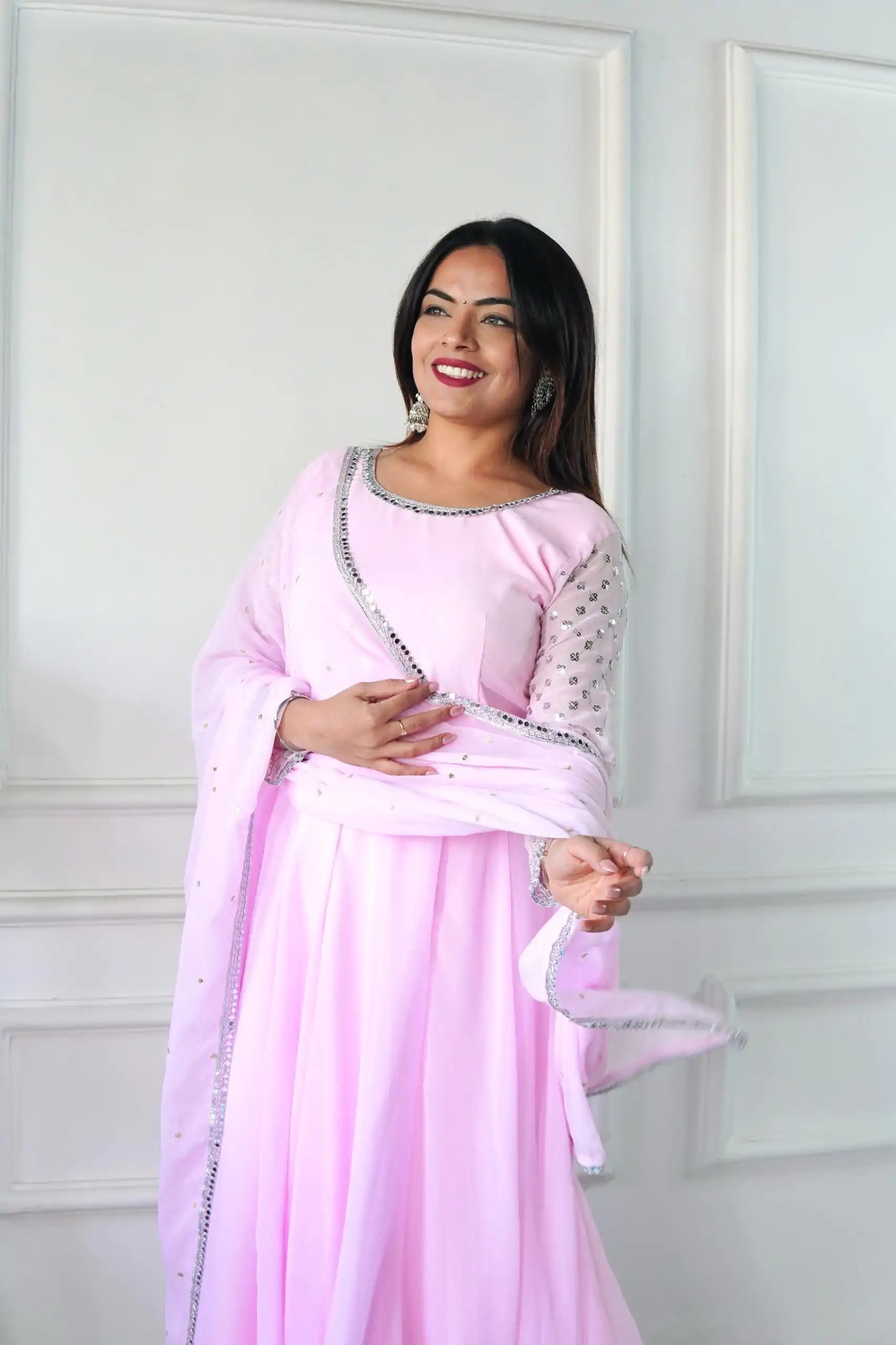 VLM 256 Baby Pink Color Foix Georgette With Embroidery Work Anarkali Gown Casual, Wedding, Party, Festive, Events Etc.4-6 Working Days@ 1899/-only | Bollywood Gowns, Creative Gowns, Designer Gowns, Embroidered Gowns, Gowns, Party Wear Gowns