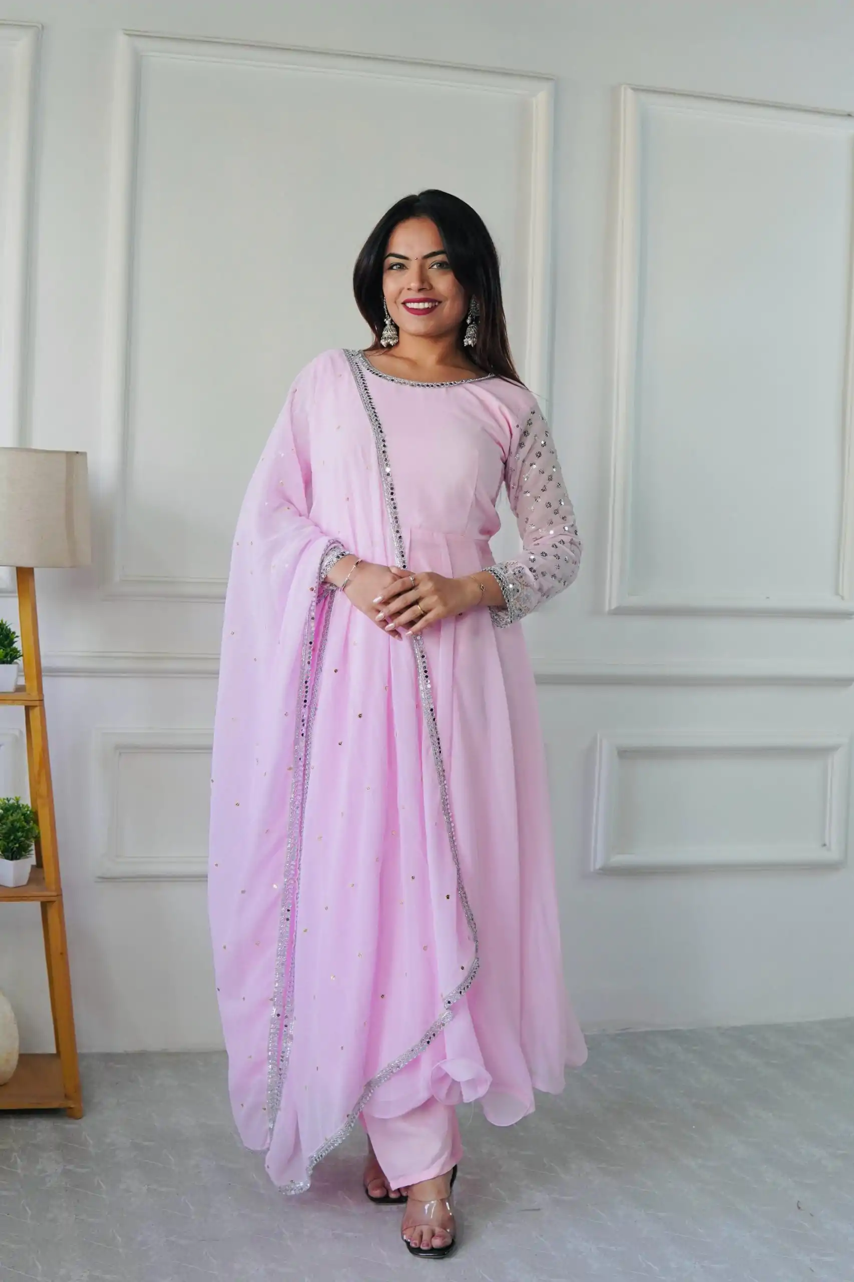 VLM 256 Baby Pink Color Foix Georgette With Embroidery Work Anarkali Gown Casual, Wedding, Party, Festive, Events Etc.4-6 Working Days@ 1899/-only | Bollywood Gowns, Creative Gowns, Designer Gowns, Embroidered Gowns, Gowns, Party Wear Gowns
