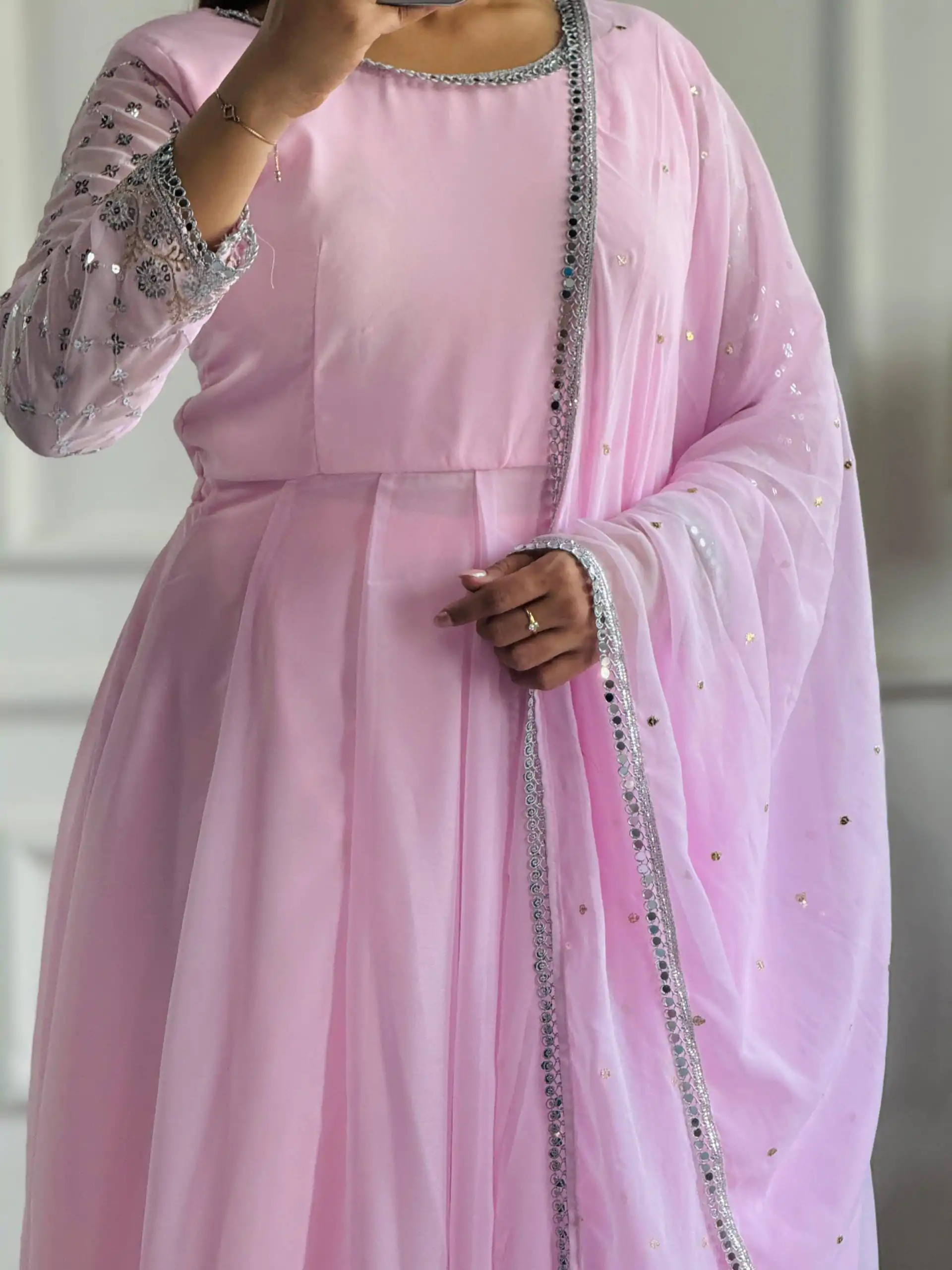 VLM 256 Baby Pink Color Foix Georgette With Embroidery Work Anarkali Gown Casual, Wedding, Party, Festive, Events Etc.4-6 Working Days@ 1899/-only | Bollywood Gowns, Creative Gowns, Designer Gowns, Embroidered Gowns, Gowns, Party Wear Gowns