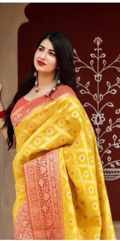 KP 6014 Yellow Color Soft Lichi Silk Jacquard Work On All Over Saree Casual, Wedding, Festive, Events . Expected Delivery  4-6 Working Days @1449/- only                                                                                                                                             | Bollywood Sarees, Creative Sarees, Designer Sarees, Embroidered Sarees, Ethnic Saree, Modern Digital sarees, Party Wear Sarees, Sarees