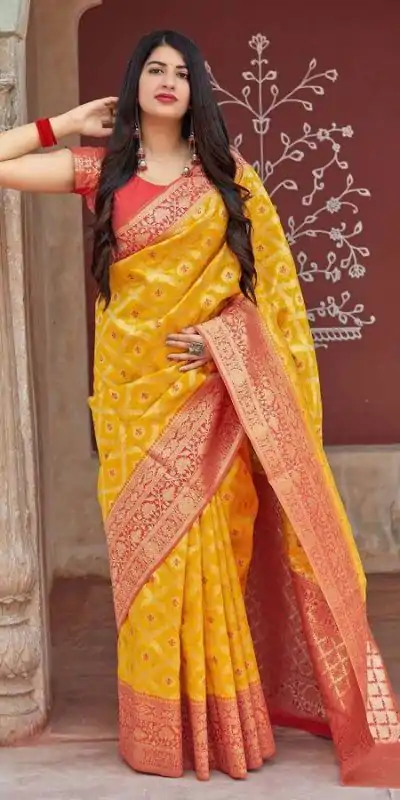 KP 6014 Yellow Color Soft Lichi Silk Jacquard Work On All Over Saree Casual, Wedding, Festive, Events . Expected Delivery  4-6 Working Days @1449/- only                                                                                                                                             | Bollywood Sarees, Creative Sarees, Designer Sarees, Embroidered Sarees, Ethnic Saree, Modern Digital sarees, Party Wear Sarees, Sarees