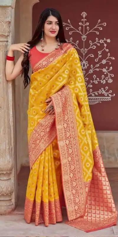 KP 6014 Yellow Color Soft Lichi Silk Jacquard Work On All Over Saree Casual, Wedding, Festive, Events . Expected Delivery  4-6 Working Days @1449/- only                                                                                                                                             | Bollywood Sarees, Creative Sarees, Designer Sarees, Embroidered Sarees, Ethnic Saree, Modern Digital sarees, Party Wear Sarees, Sarees