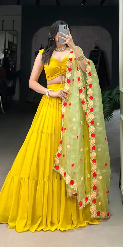 LNB 1348 Yellow Color Georgette Plain Lehenga Choli Wedding , Party , Festive , Ect @2149/- Only | Bollywood Lehenga, Creative Lehenga, Designer Lehenga, Embroidered Lehenga, Lehenga, Party Wear Lehenga