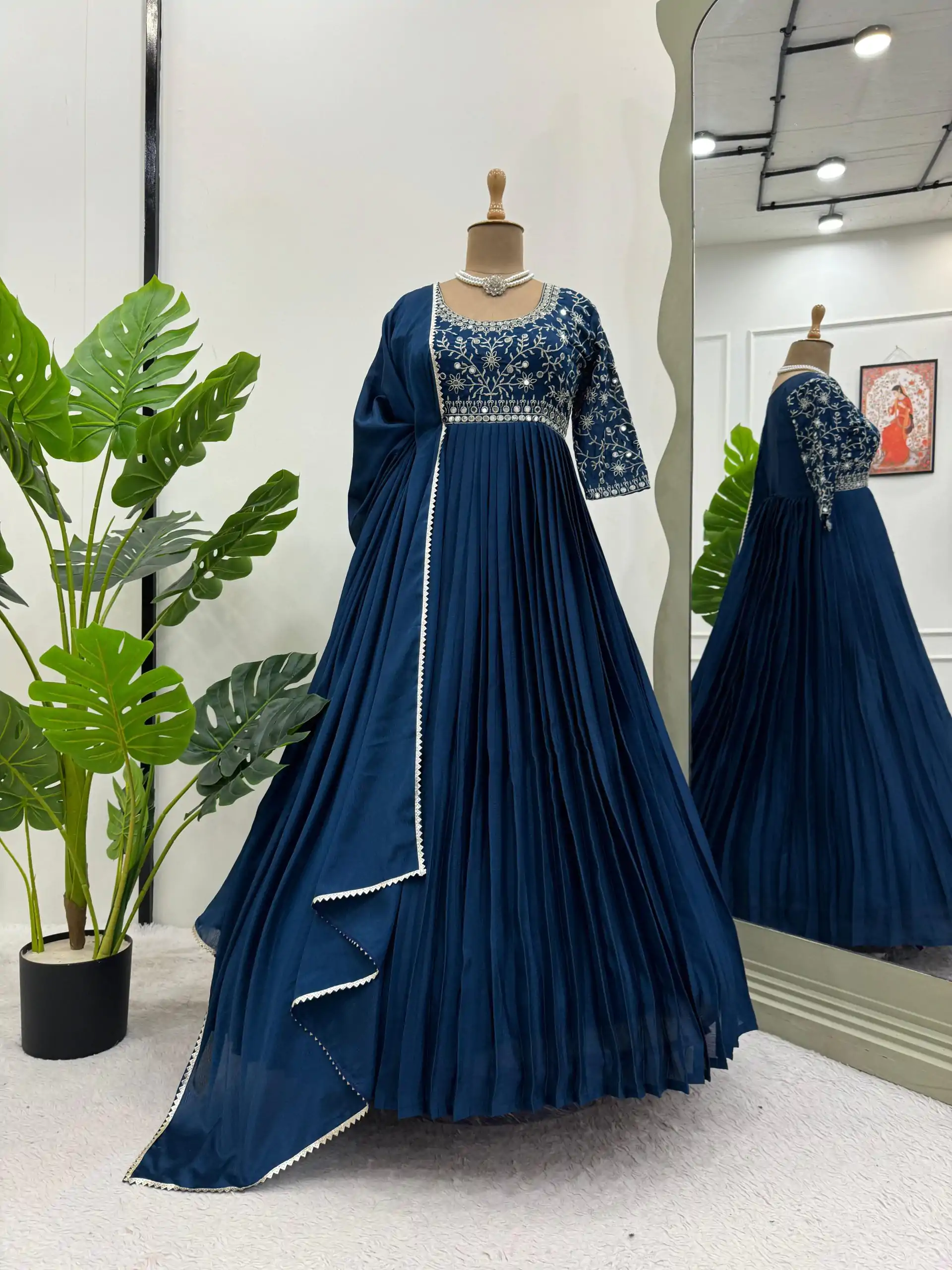 RTC 5724 Navy Blue Color Chinon Silk Thread With Real Mirror Gown Wedding Party, Festive,@1799/- Only | Bollywood Gowns, Creative Gowns, Designer Gowns, Embroidered Gowns, Gowns, Party Wear Gowns, Straight Suits