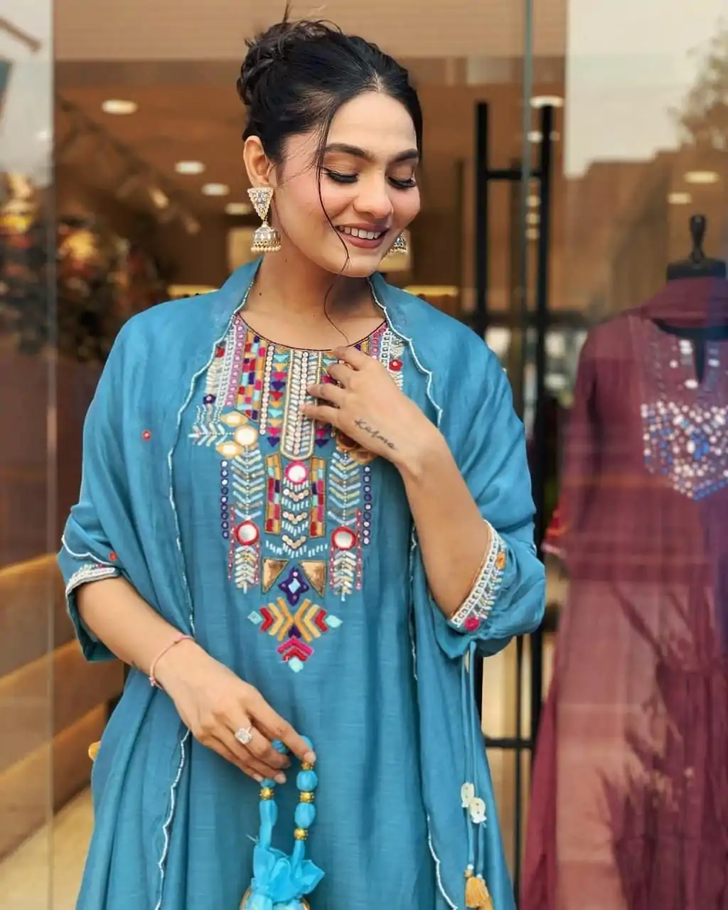 MF 748 Blue Color Chanderi Silk With Mirror Work Embroidery Salwar Suit Casual, Wedding, Party, Festive, Events Etc.4-6 Working Days@ 1599/-only | Jump Suits, Casual Suits, Creative suits, Designer Suits, Palazzo Suits, Party Wear Suits, Patiala Suits, Salwar suit, Straight Suits