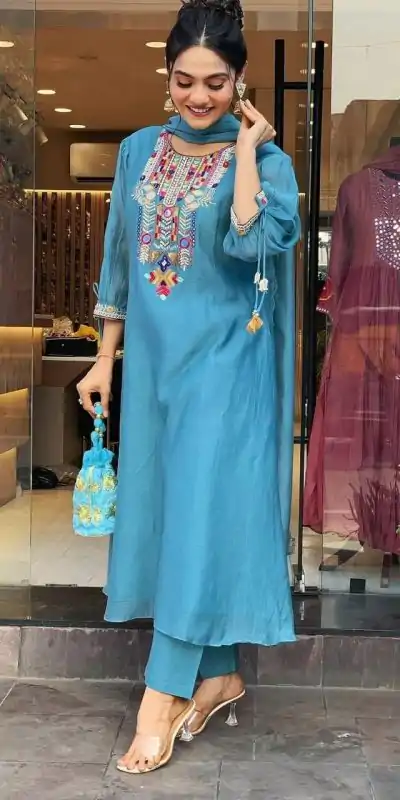 MF 748 Blue Color Chanderi Silk With Mirror Work Embroidery Salwar Suit Casual, Wedding, Party, Festive, Events Etc.4-6 Working Days@ 1599/-only | Jump Suits, Casual Suits, Creative suits, Designer Suits, Palazzo Suits, Party Wear Suits, Patiala Suits, Salwar suit, Straight Suits