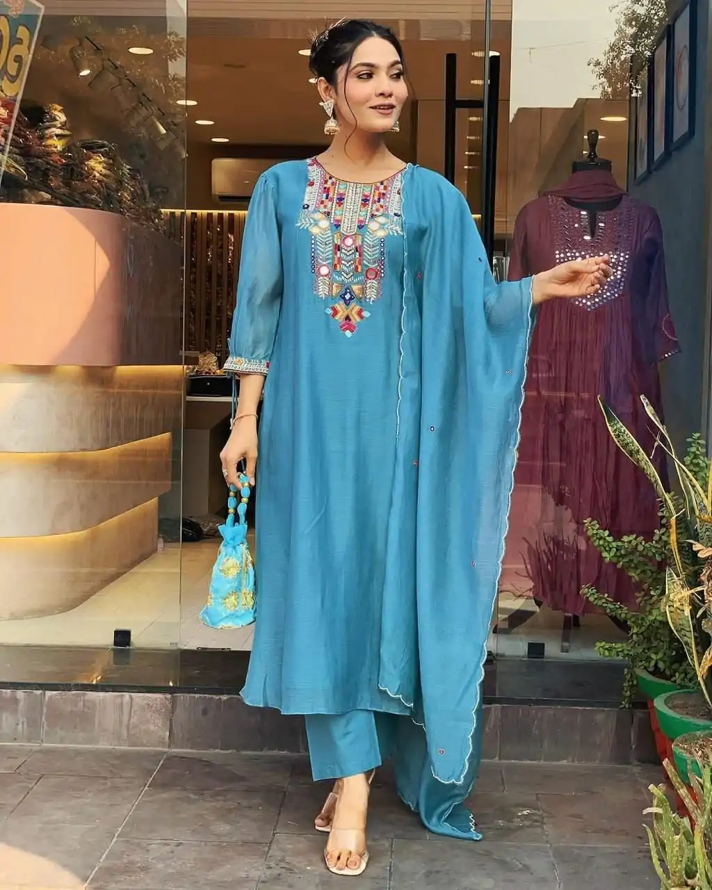 MF 748 Blue Color Chanderi Silk With Mirror Work Embroidery Salwar Suit Casual, Wedding, Party, Festive, Events Etc.4-6 Working Days@ 1599/-only | Jump Suits, Casual Suits, Creative suits, Designer Suits, Palazzo Suits, Party Wear Suits, Patiala Suits, Salwar suit, Straight Suits