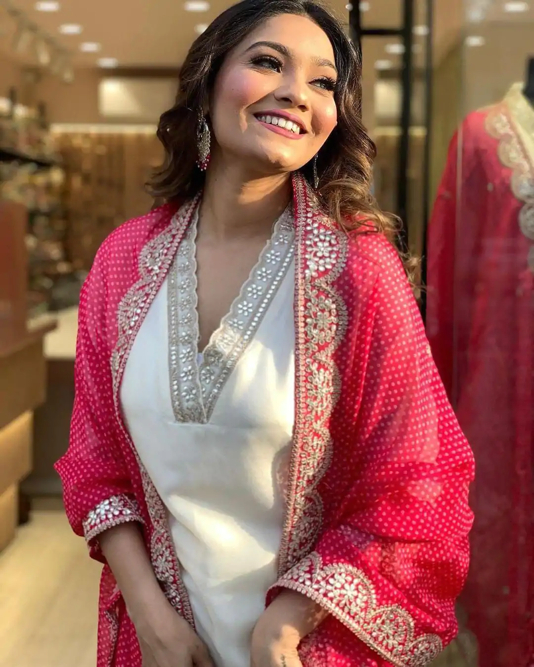 MF 726 Half White Color Roman Silk With Red Dupatta Coding Work Salwar Suit Casual, Wedding, Party, Festive, Events Etc.4-6 Working Days@ 1699/-only | Jump Suits, Casual Suits, Creative suits, Designer Suits, Palazzo Suits, Party Wear Suits, Patiala Suits, Salwar suit, Straight Suits
