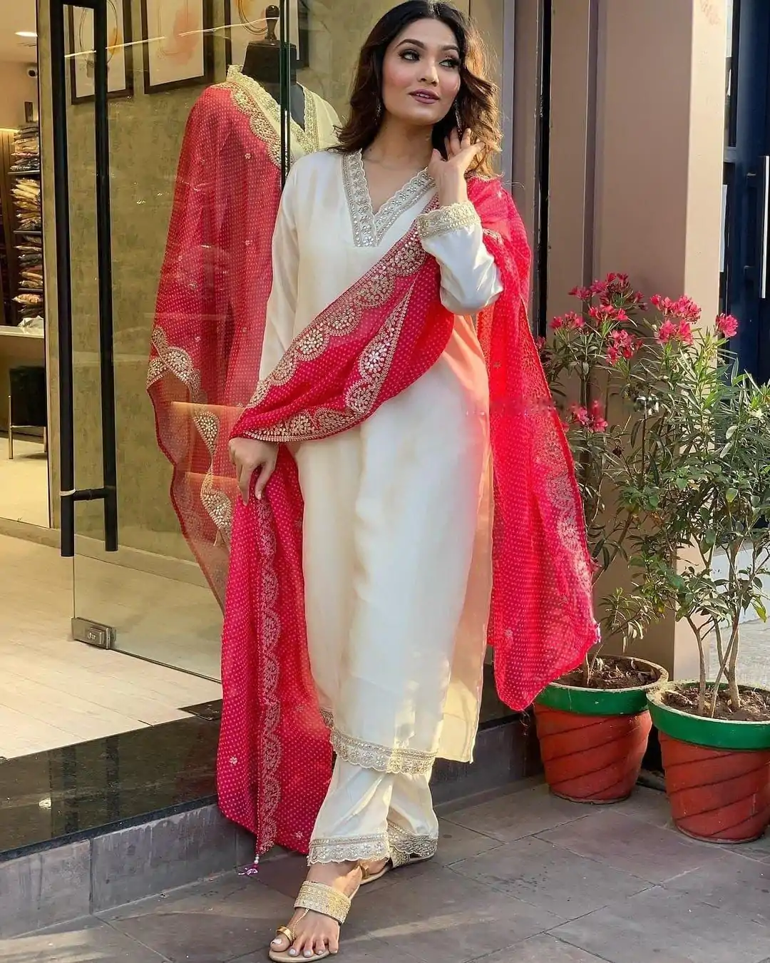MF 726 Half White Color Roman Silk With Red Dupatta Coding Work Salwar Suit Casual, Wedding, Party, Festive, Events Etc.4-6 Working Days@ 1699/-only | Jump Suits, Casual Suits, Creative suits, Designer Suits, Palazzo Suits, Party Wear Suits, Patiala Suits, Salwar suit, Straight Suits
