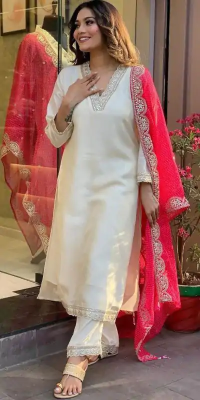 MF 726 Half White Color Roman Silk With Red Dupatta Coding Work Salwar Suit Casual, Wedding, Party, Festive, Events Etc.4-6 Working Days@ 1699/-only | Jump Suits, Casual Suits, Creative suits, Designer Suits, Palazzo Suits, Party Wear Suits, Patiala Suits, Salwar suit, Straight Suits
