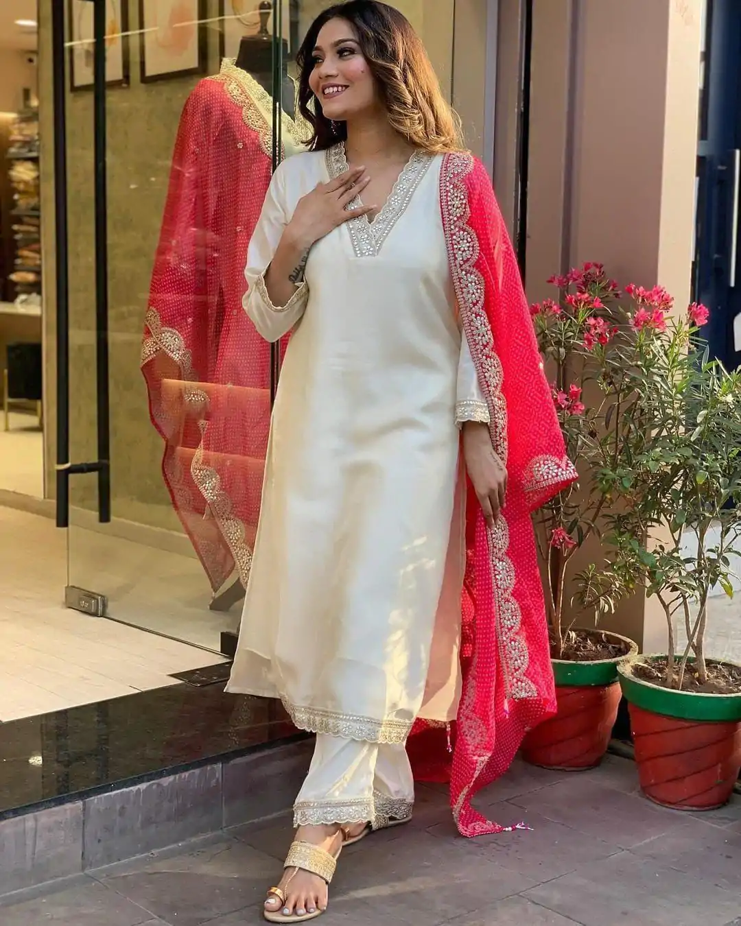 MF 726 Half White Color Roman Silk With Red Dupatta Coding Work Salwar Suit Casual, Wedding, Party, Festive, Events Etc.4-6 Working Days@ 1699/-only | Jump Suits, Casual Suits, Creative suits, Designer Suits, Palazzo Suits, Party Wear Suits, Patiala Suits, Salwar suit, Straight Suits