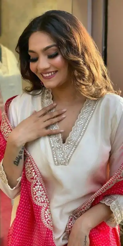 MF 726 Half White Color Roman Silk With Red Dupatta Coding Work Salwar Suit Casual, Wedding, Party, Festive, Events Etc.4-6 Working Days@ 1699/-only | Jump Suits, Casual Suits, Creative suits, Designer Suits, Palazzo Suits, Party Wear Suits, Patiala Suits, Salwar suit, Straight Suits