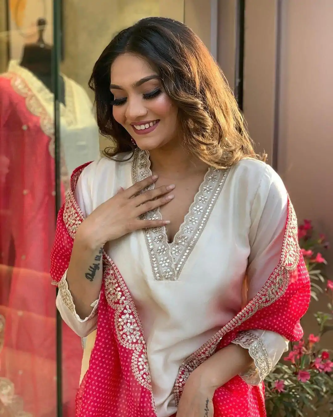 MF 726 Half White Color Roman Silk With Red Dupatta Coding Work Salwar Suit Casual, Wedding, Party, Festive, Events Etc.4-6 Working Days@ 1699/-only | Jump Suits, Casual Suits, Creative suits, Designer Suits, Palazzo Suits, Party Wear Suits, Patiala Suits, Salwar suit, Straight Suits