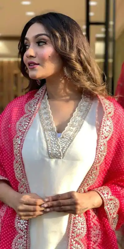 MF 726 Half White Color Roman Silk With Red Dupatta Coding Work Salwar Suit Casual, Wedding, Party, Festive, Events Etc.4-6 Working Days@ 1699/-only | Jump Suits, Casual Suits, Creative suits, Designer Suits, Palazzo Suits, Party Wear Suits, Patiala Suits, Salwar suit, Straight Suits