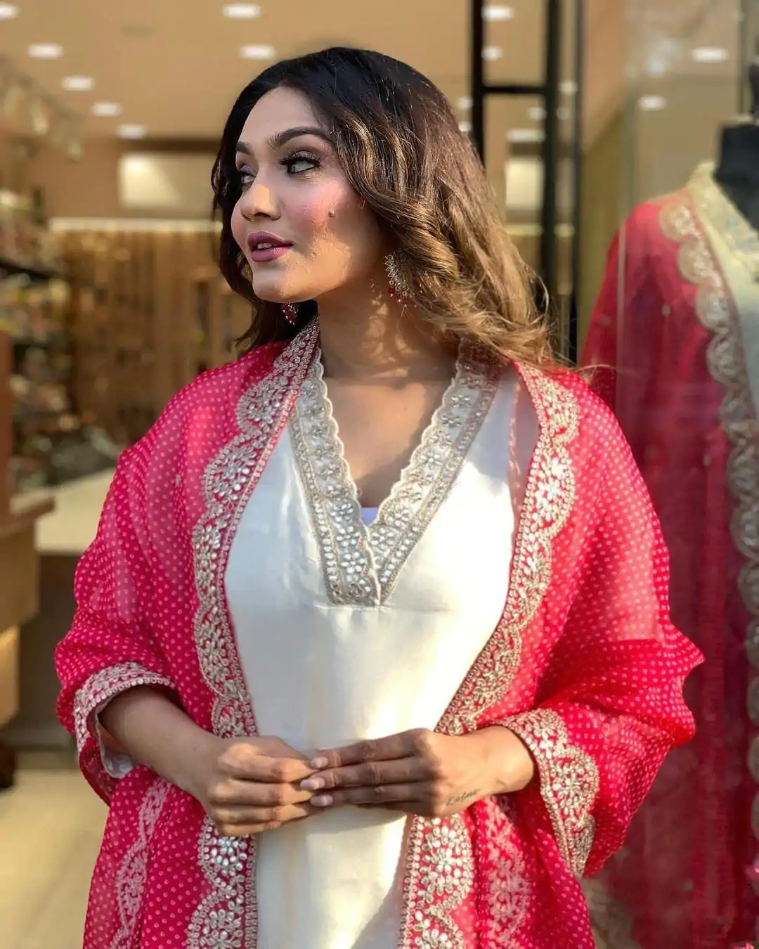 MF 726 Half White Color Roman Silk With Red Dupatta Coding Work Salwar Suit Casual, Wedding, Party, Festive, Events Etc.4-6 Working Days@ 1699/-only | Jump Suits, Casual Suits, Creative suits, Designer Suits, Palazzo Suits, Party Wear Suits, Patiala Suits, Salwar suit, Straight Suits
