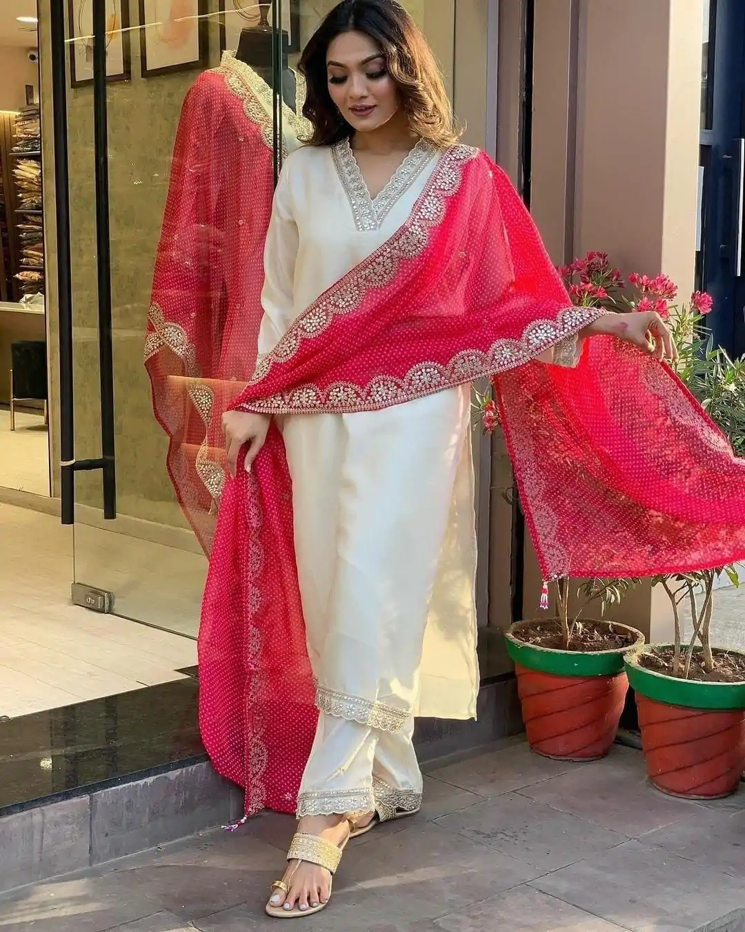 MF 726 Half White Color Roman Silk With Red Dupatta Coding Work Salwar Suit Casual, Wedding, Party, Festive, Events Etc.4-6 Working Days@ 1699/-only | Jump Suits, Casual Suits, Creative suits, Designer Suits, Palazzo Suits, Party Wear Suits, Patiala Suits, Salwar suit, Straight Suits