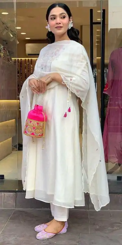 MF 748 White Color Chanderi Silk With Mirror Work Embroidery Salwar Suit Casual, Wedding, Party, Festive, Events Etc.4-6 Working Days@ 1599/-only | Jump Suits, Casual Suits, Creative suits, Designer Suits, Palazzo Suits, Party Wear Suits, Patiala Suits, Salwar suit, Straight Suits