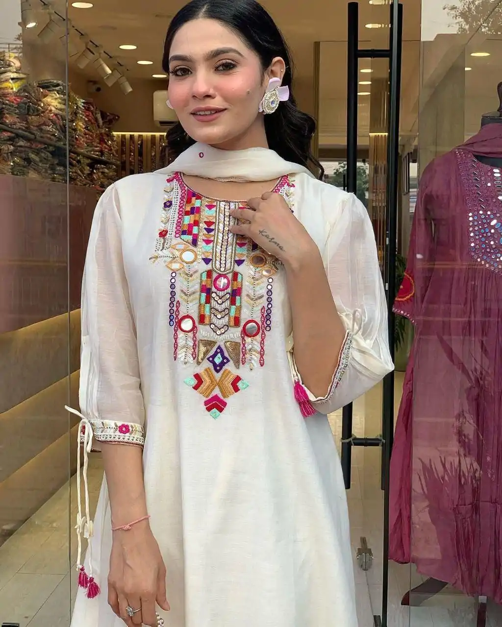 MF 748 White Color Chanderi Silk With Mirror Work Embroidery Salwar Suit Casual, Wedding, Party, Festive, Events Etc.4-6 Working Days@ 1599/-only | Jump Suits, Casual Suits, Creative suits, Designer Suits, Palazzo Suits, Party Wear Suits, Patiala Suits, Salwar suit, Straight Suits