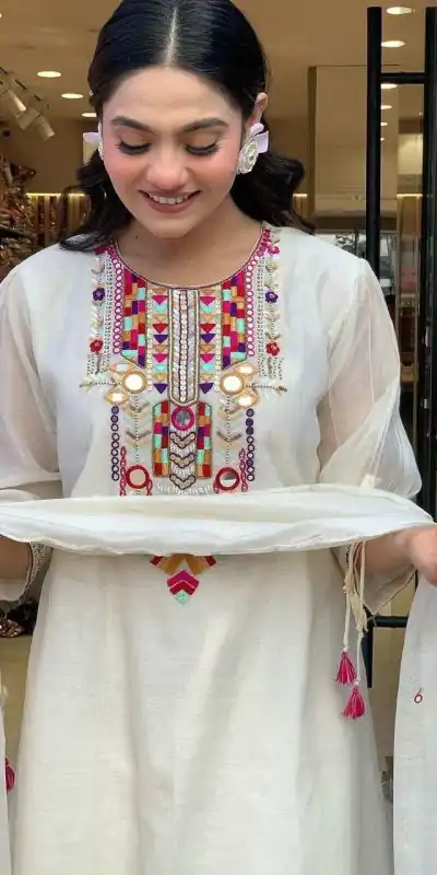 MF 748 White Color Chanderi Silk With Mirror Work Embroidery Salwar Suit Casual, Wedding, Party, Festive, Events Etc.4-6 Working Days@ 1599/-only | Jump Suits, Casual Suits, Creative suits, Designer Suits, Palazzo Suits, Party Wear Suits, Patiala Suits, Salwar suit, Straight Suits